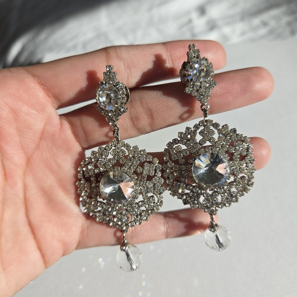 Indian Pakistani Silver hexagon crystal rhinestone diamond drop dangle earrings